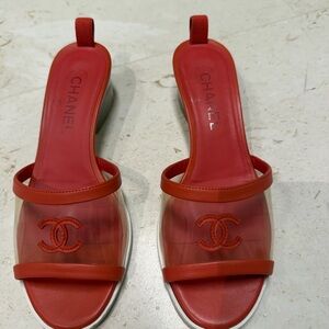 CHANEL Red Sandals with CC Emblem (PVC Slides) Size 38
